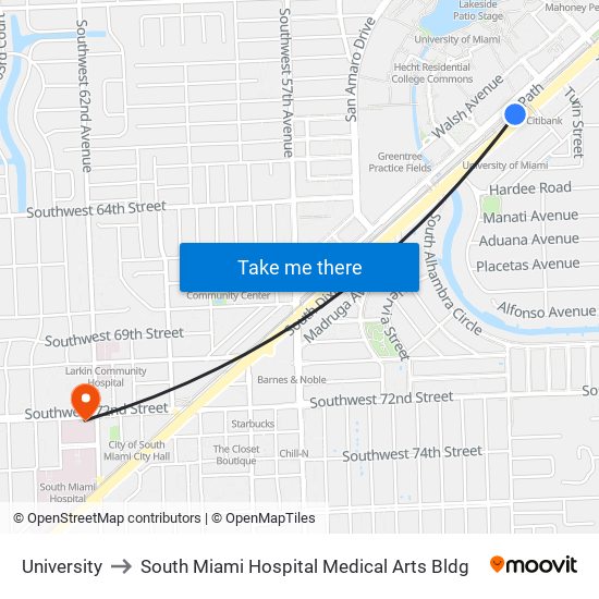 University to South Miami Hospital Medical Arts Bldg map