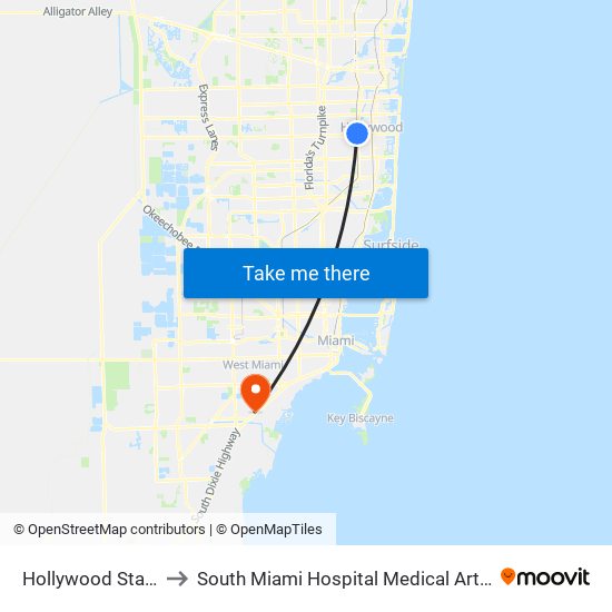 Hollywood Station to South Miami Hospital Medical Arts Bldg map