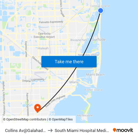 Collins Av@Galahad-Dade Bd to South Miami Hospital Medical Arts Bldg map