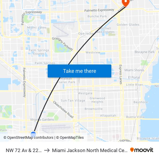 NW 72 Av & 22 St to Miami Jackson North Medical Center map