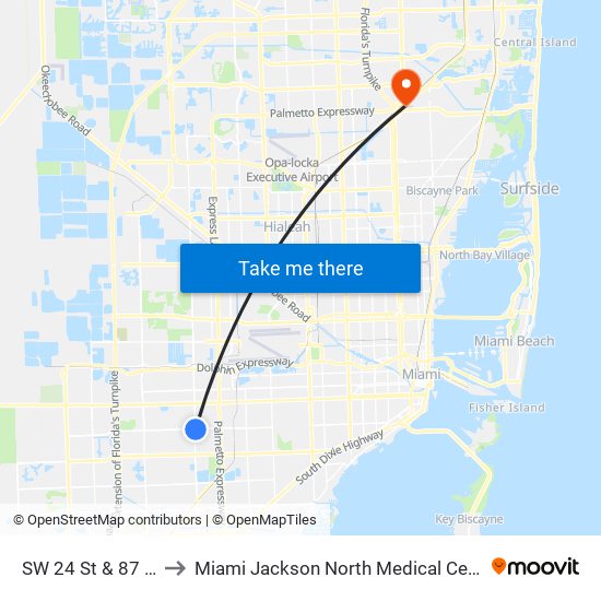 SW 24 St & 87 Av to Miami Jackson North Medical Center map