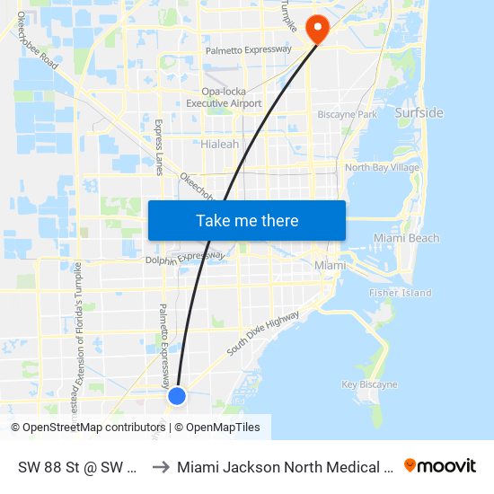 SW 88 St @ SW 72 Ct to Miami Jackson North Medical Center map