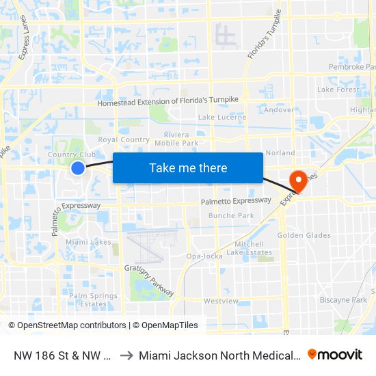 NW 186 St & NW 68 Av to Miami Jackson North Medical Center map