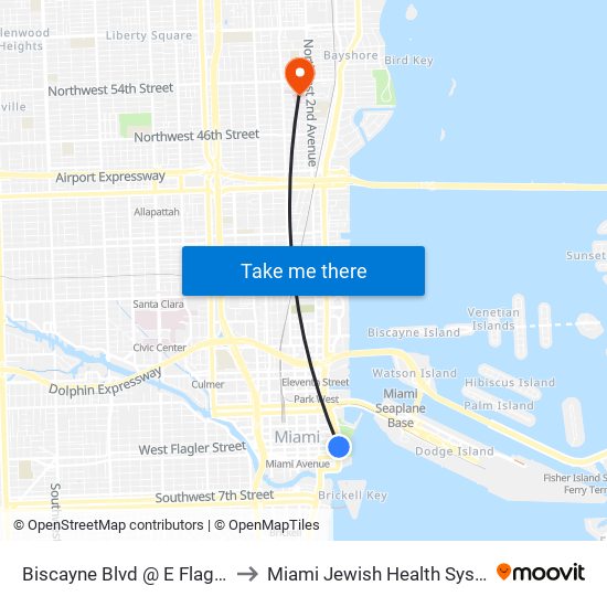 Biscayne Blvd @ E Flagler St to Miami Jewish Health Systems map