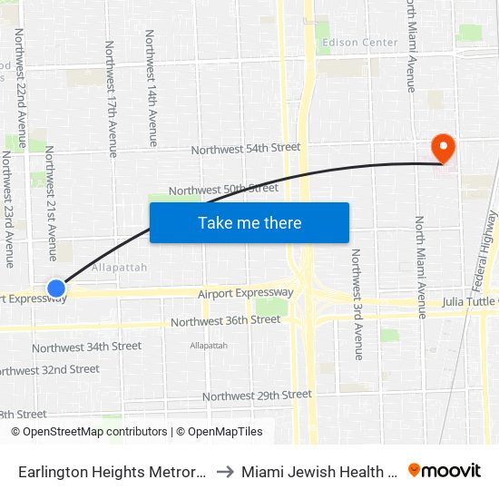 Earlington Heights Metrorail Station to Miami Jewish Health Systems map