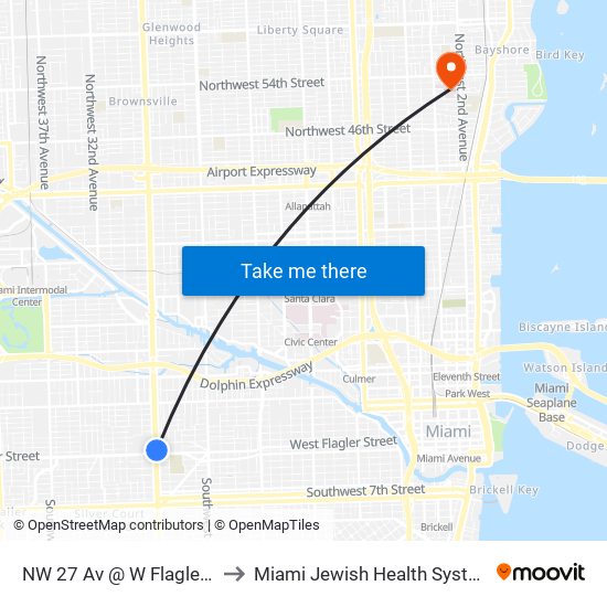 NW 27 Av @ W Flagler St to Miami Jewish Health Systems map