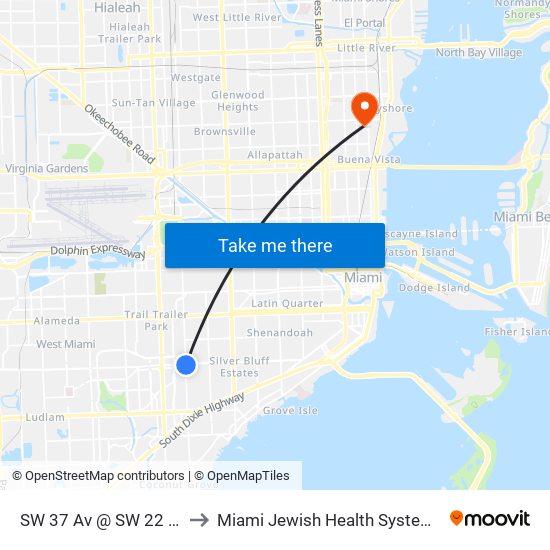 SW 37 Av @ SW 22 St to Miami Jewish Health Systems map