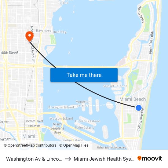 Washington Av & Lincoln Rd to Miami Jewish Health Systems map