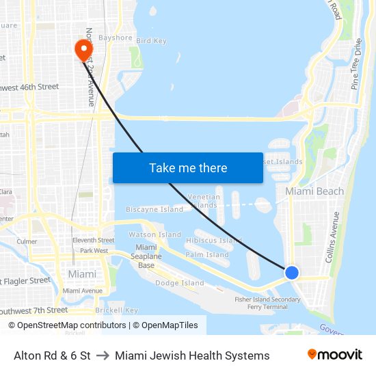 Alton Rd & 6 St to Miami Jewish Health Systems map