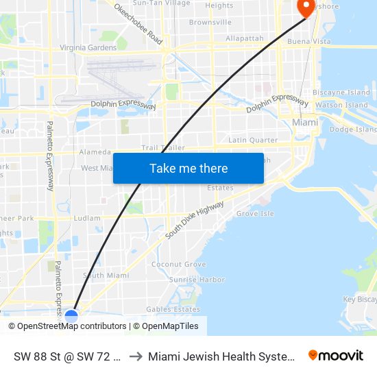 SW 88 St @ SW 72 Ct to Miami Jewish Health Systems map