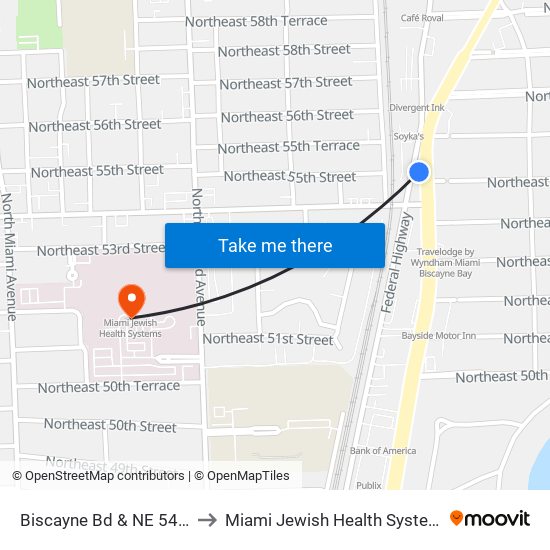 Biscayne Bd & NE 54 St to Miami Jewish Health Systems map