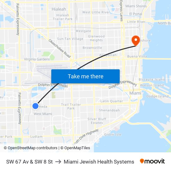 SW 67 Av & SW 8 St to Miami Jewish Health Systems map