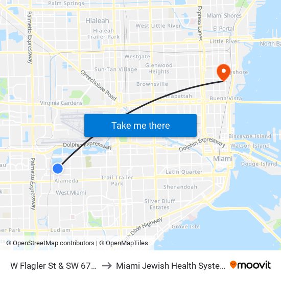 W Flagler St & SW 67 Av to Miami Jewish Health Systems map