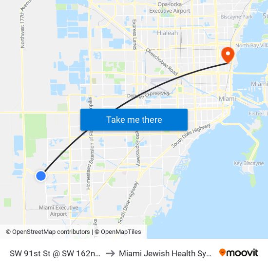 SW 91st St @ SW 162nd Ave to Miami Jewish Health Systems map