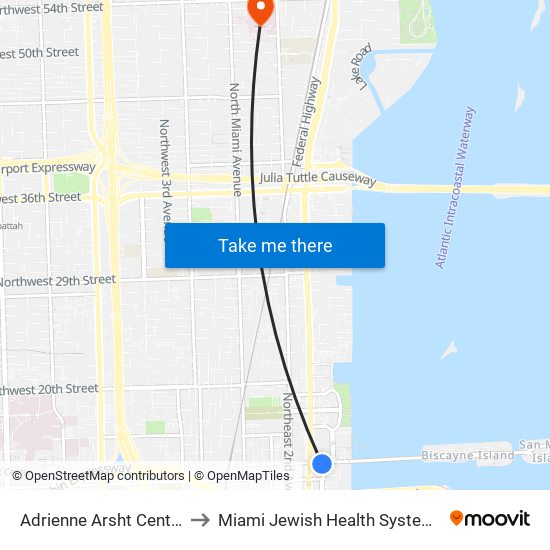 Adrienne Arsht Center to Miami Jewish Health Systems map