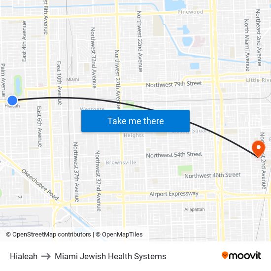 Hialeah to Miami Jewish Health Systems map