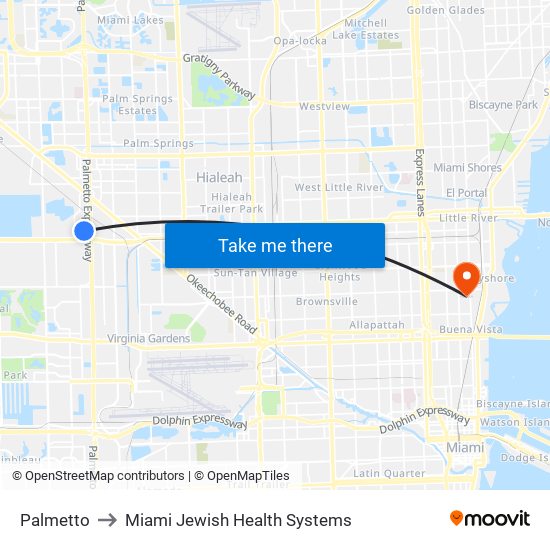 Palmetto to Miami Jewish Health Systems map