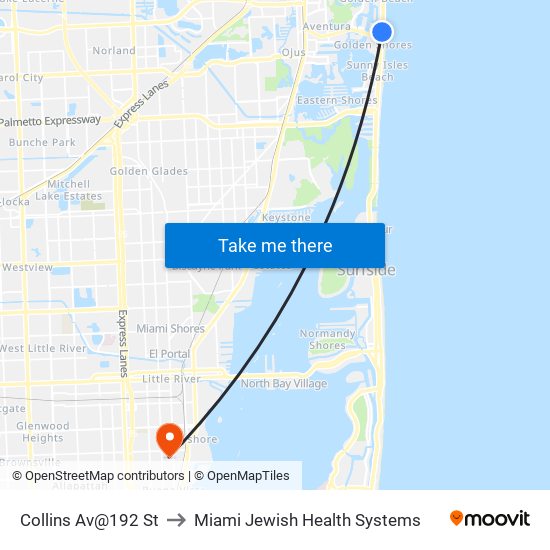 Collins Av@192 St to Miami Jewish Health Systems map