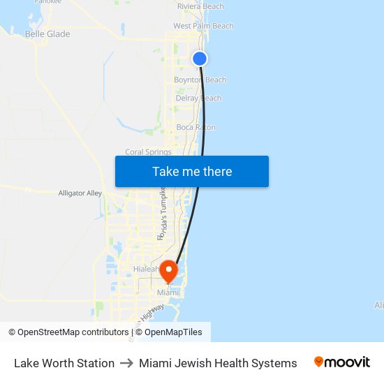 Lake Worth Beach Station to Miami Jewish Health Systems map