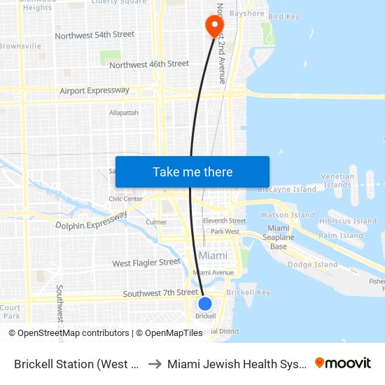 Brickell Station (West Side) to Miami Jewish Health Systems map