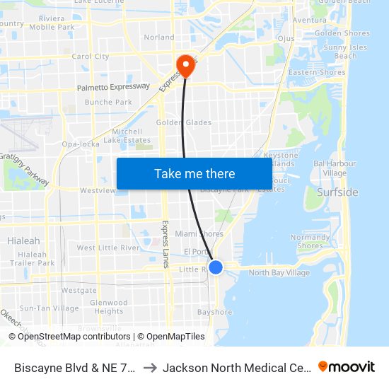 Biscayne Blvd & NE 79 St to Jackson North Medical Center map