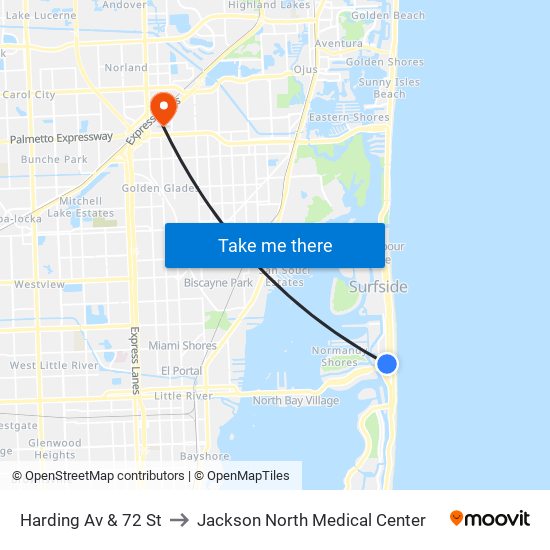 Harding Av & 72 St to Jackson North Medical Center map