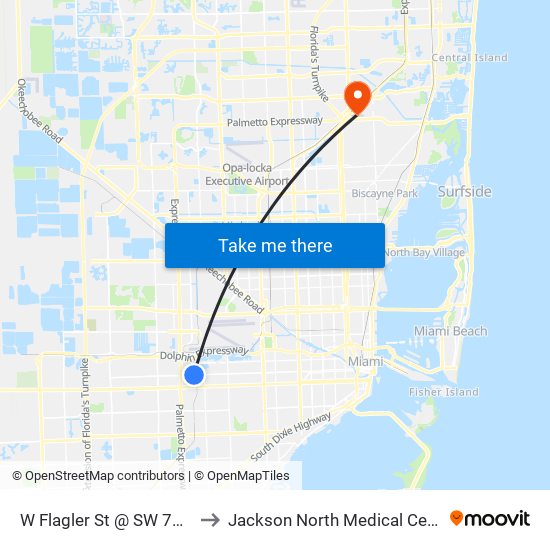 W Flagler St @ SW 72 Av to Jackson North Medical Center map