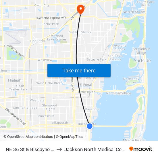 NE 36 St & Biscayne Bd to Jackson North Medical Center map