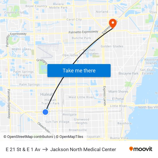 E 21 St & E 1 Av to Jackson North Medical Center map