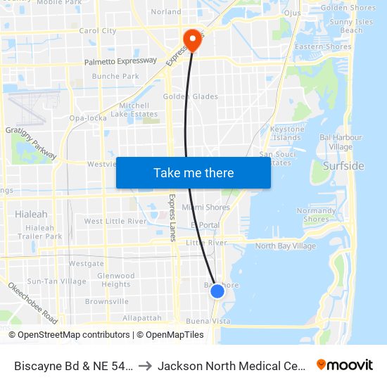 Biscayne Bd & NE 54 St to Jackson North Medical Center map