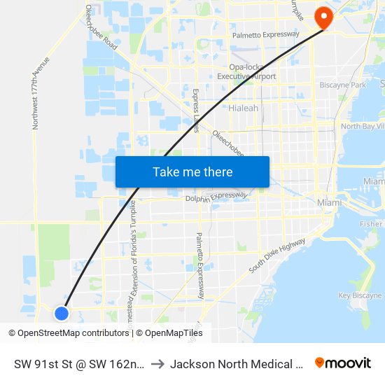 SW 91st St @ SW 162nd Ave to Jackson North Medical Center map