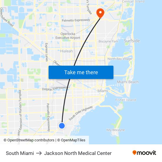 South Miami to Jackson North Medical Center map