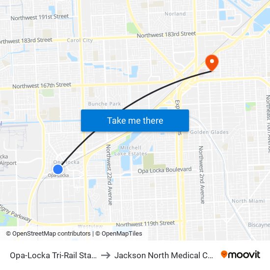 Opa-Locka Tri-Rail Station to Jackson North Medical Center map