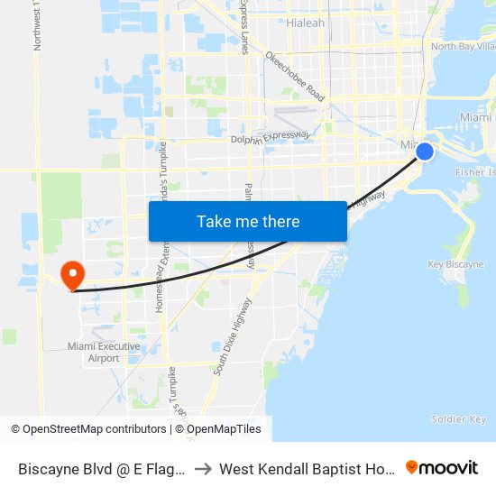 Biscayne Blvd @ E Flagler St to West Kendall Baptist Hospital map