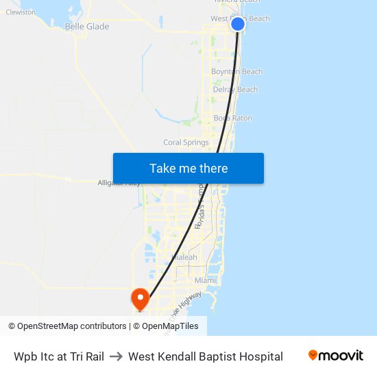 Wpb Itc at Tri Rail to West Kendall Baptist Hospital map