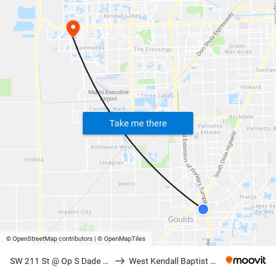 SW 211 St @ Op S Dade Govt Ctr to West Kendall Baptist Hospital map