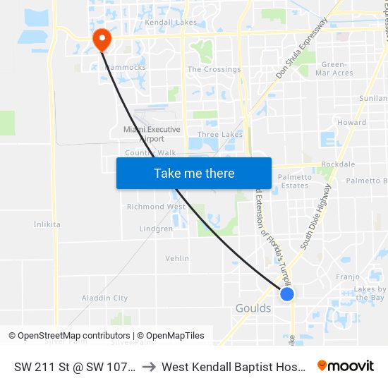 SW 211 St @ SW 107 Av to West Kendall Baptist Hospital map