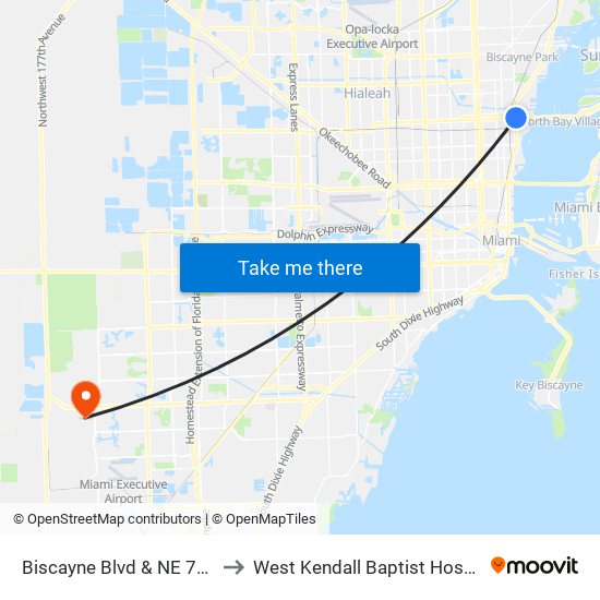 Biscayne Blvd & NE 79 St to West Kendall Baptist Hospital map