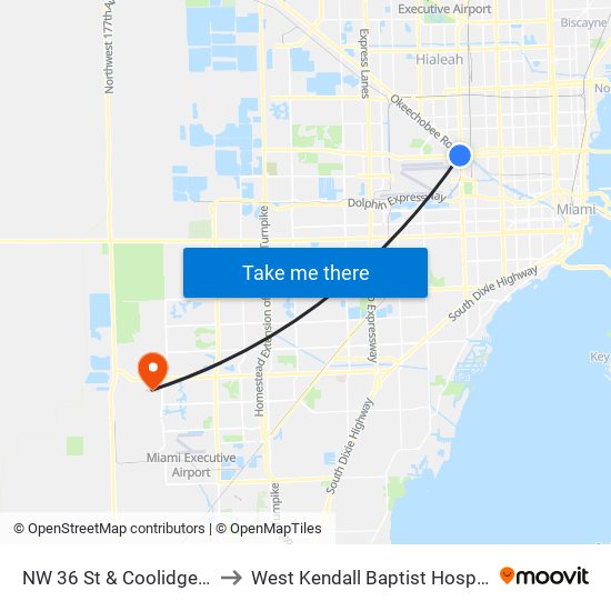 NW 36 St & Coolidge Dr to West Kendall Baptist Hospital map