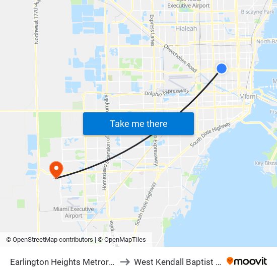 Earlington Heights Metrorail Station to West Kendall Baptist Hospital map