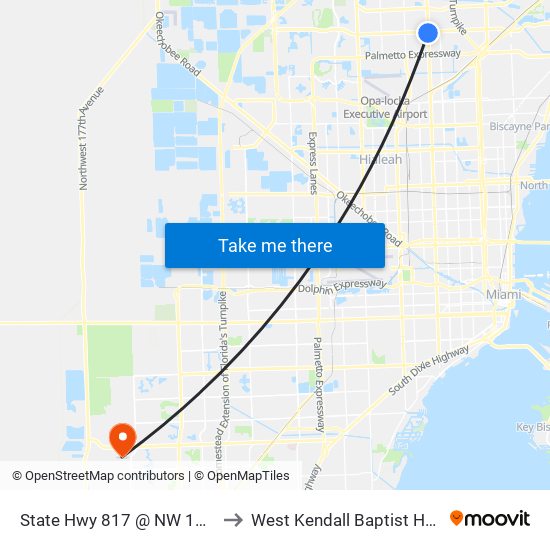 State Hwy 817 @ NW 183rd St to West Kendall Baptist Hospital map