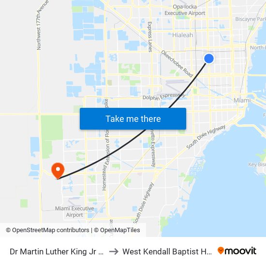 Dr Martin Luther King Jr Station to West Kendall Baptist Hospital map