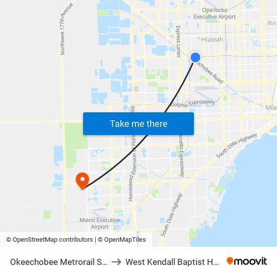 Okeechobee Metrorail Station to West Kendall Baptist Hospital map