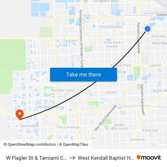 W Flagler St & Tamiami Canal Rd to West Kendall Baptist Hospital map