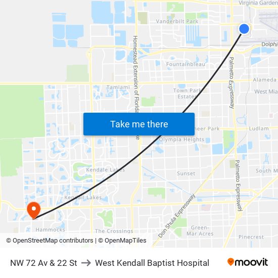 NW 72 Av & 22 St to West Kendall Baptist Hospital map