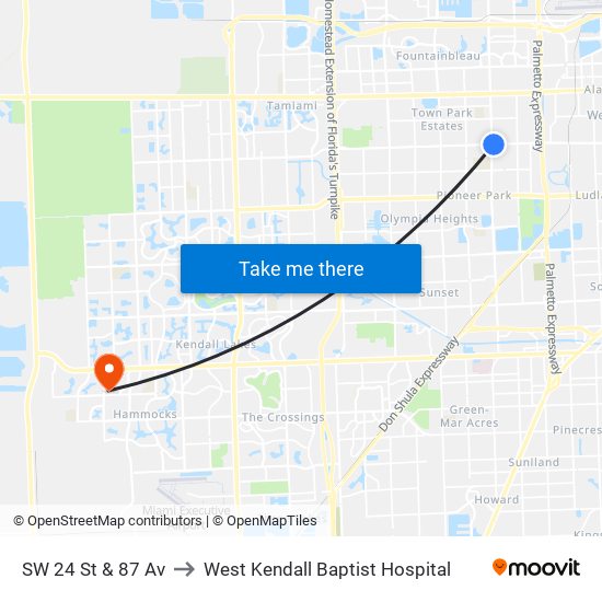 SW 24 St & 87 Av to West Kendall Baptist Hospital map