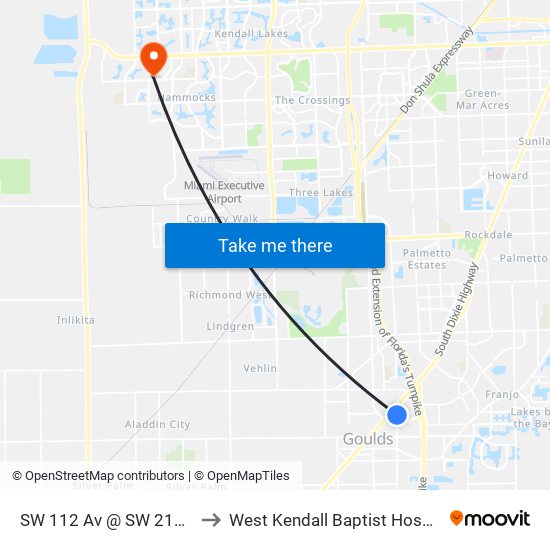 SW 112 Av @ SW 211 St to West Kendall Baptist Hospital map