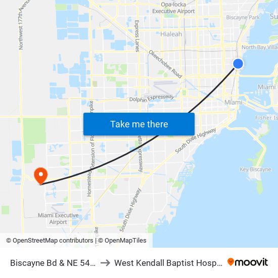 Biscayne Bd & NE 54 St to West Kendall Baptist Hospital map