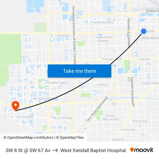 SW 8 St @ SW 67 Av to West Kendall Baptist Hospital map