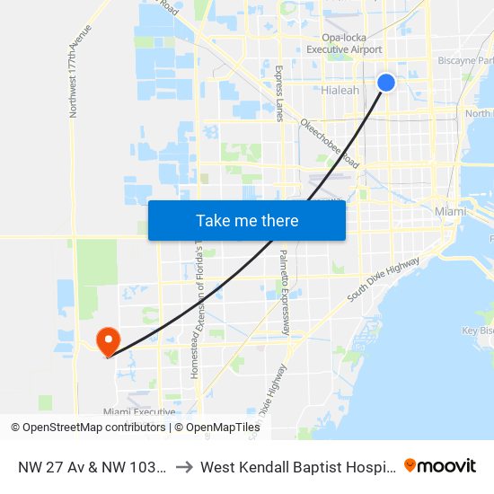 NW 27 Av & NW 103 St to West Kendall Baptist Hospital map